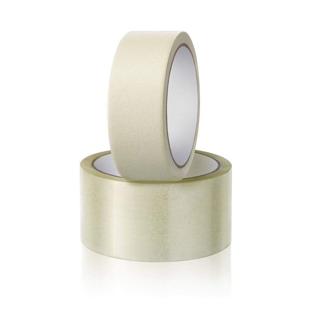 Transparent packing tape shown with its 120-meter length and strong adhesion.