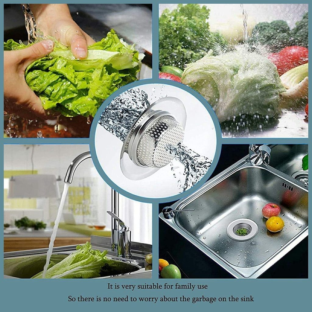 The stainless steel sink strainer effectively collecting debris in a sink.