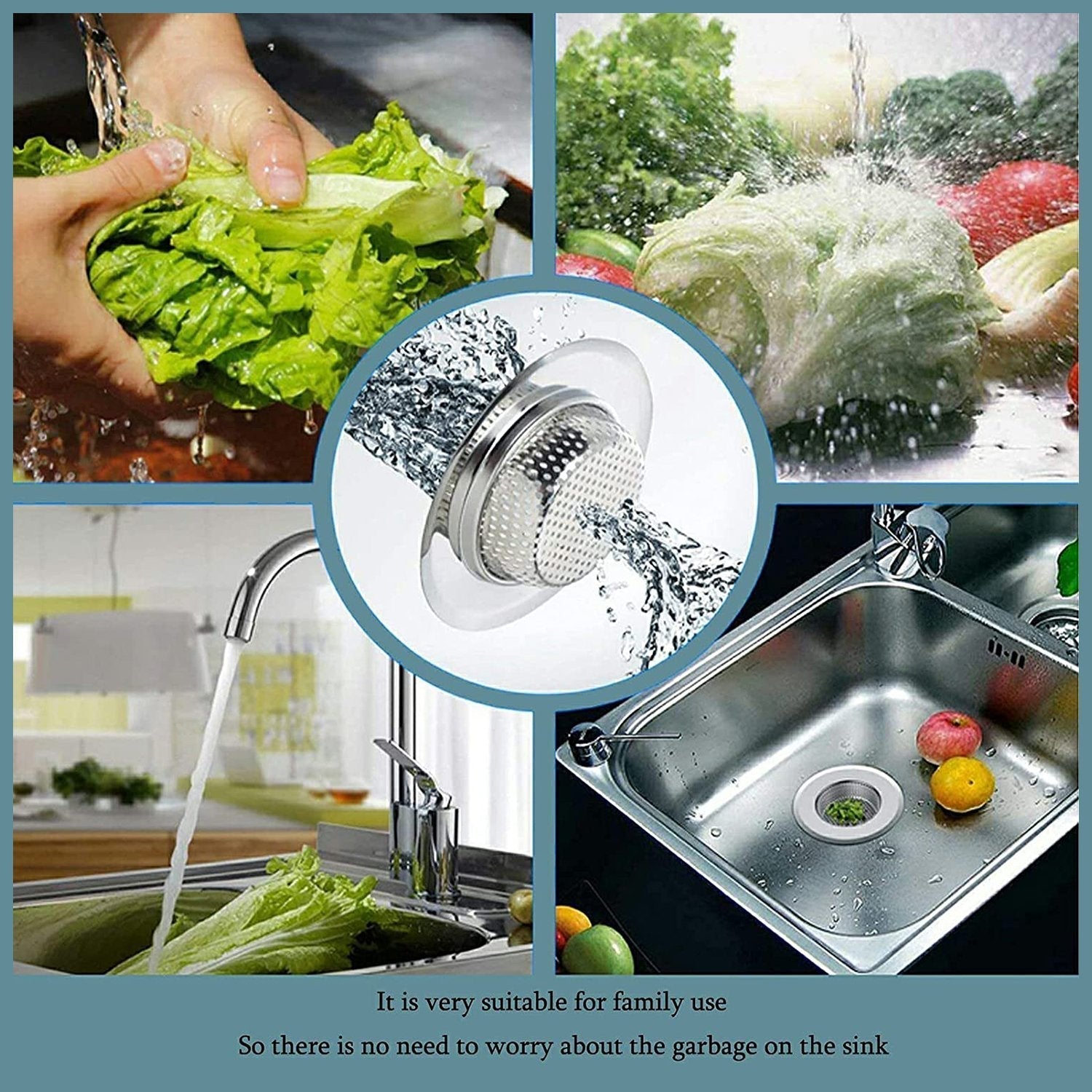 The stainless steel sink strainer effectively collecting debris in a sink.
