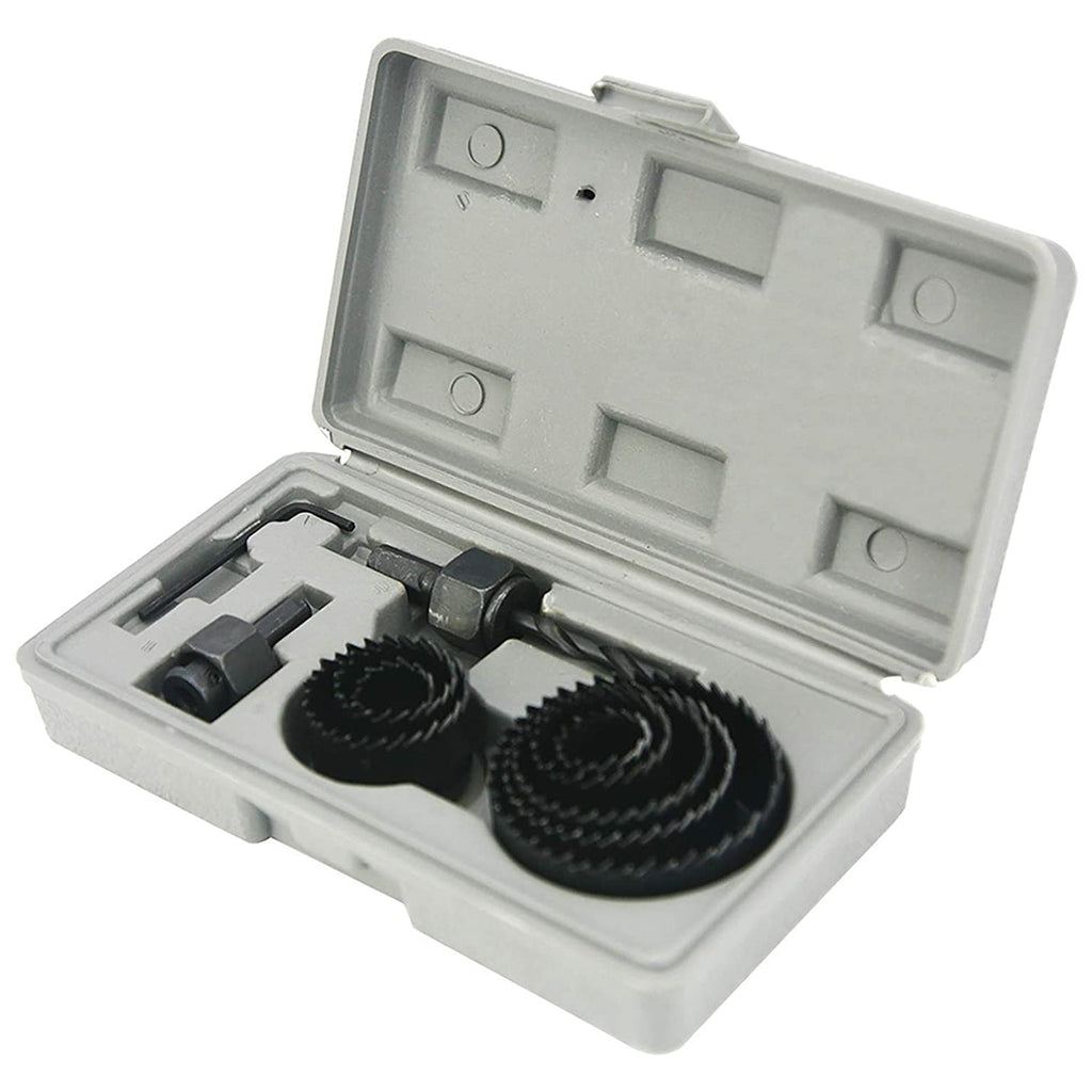 Close-up of the diverse sizes of the BoltForce carbon steel hole saw set.