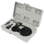 Close-up of the diverse sizes of the BoltForce carbon steel hole saw set.