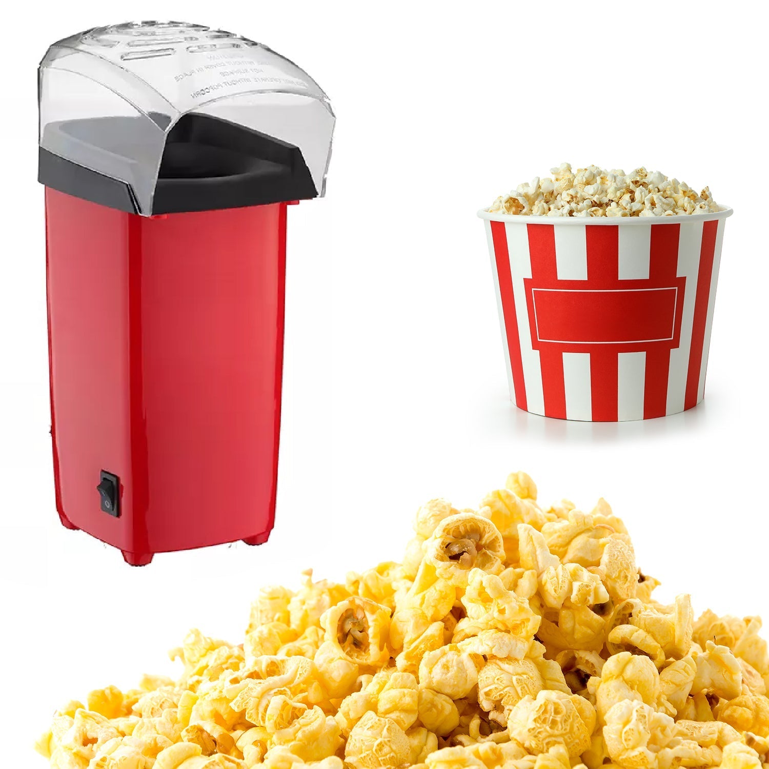 Electric popcorn maker machine preparing oil-free snacks for home.