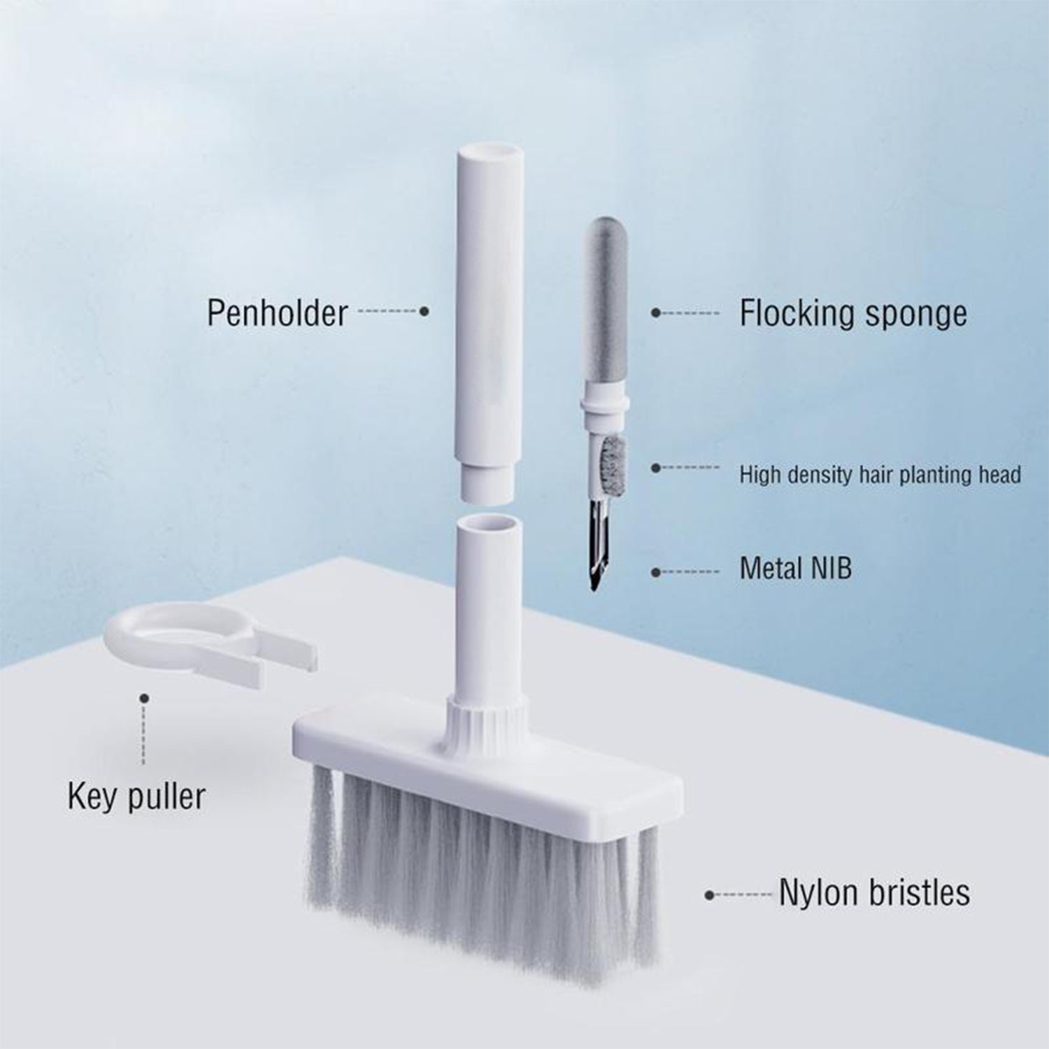 Ergonomic soft brush for effective keyboard cleaning.