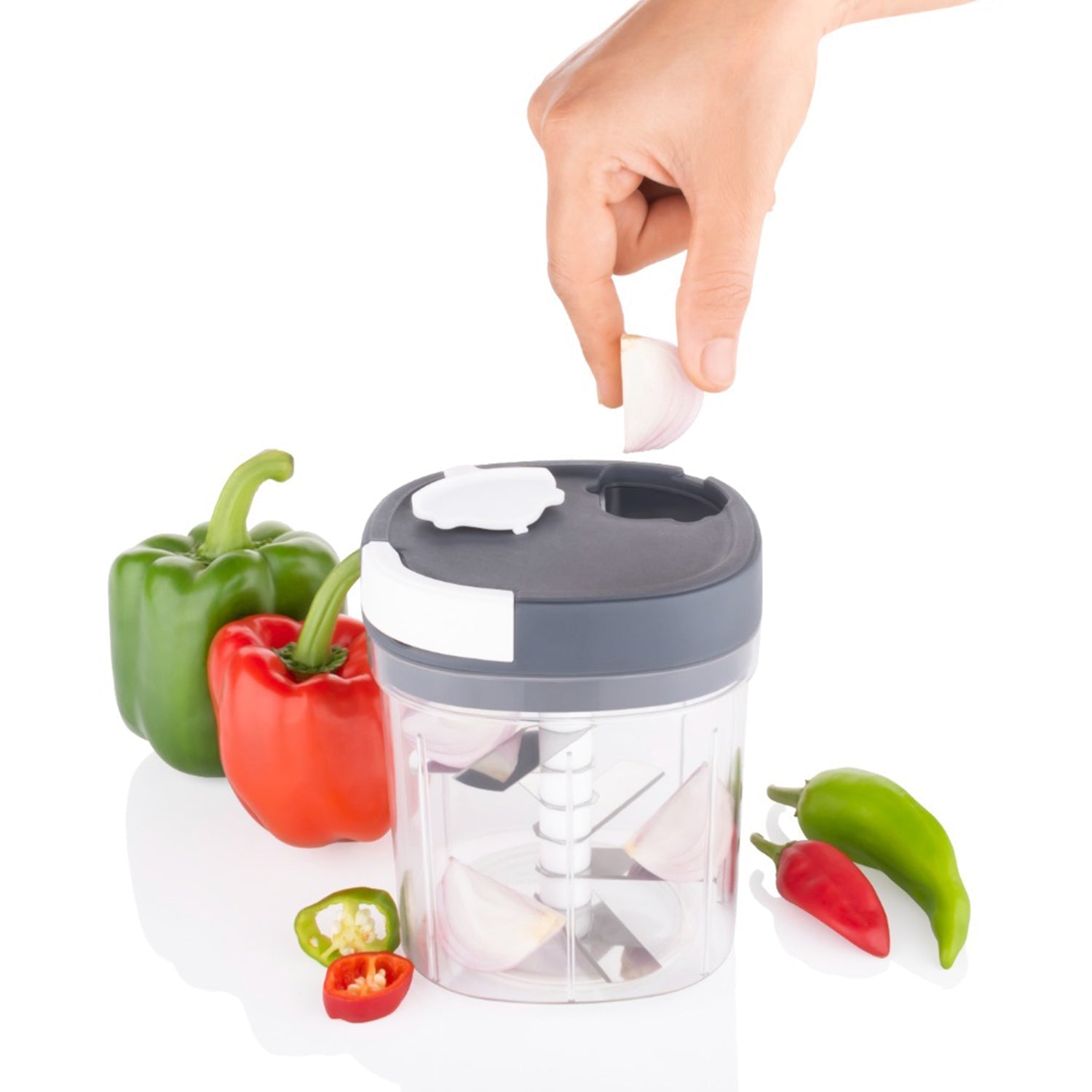 Top-down view of the Quickslice multi-purpose chopper, ready for use.