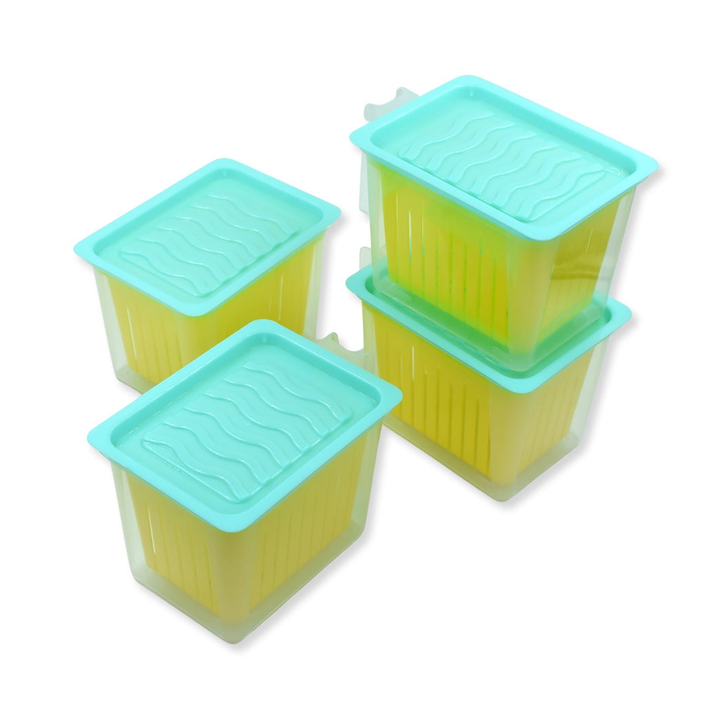 Transparent food storage containers with handles, showcasing fresh fruits and vegetables.