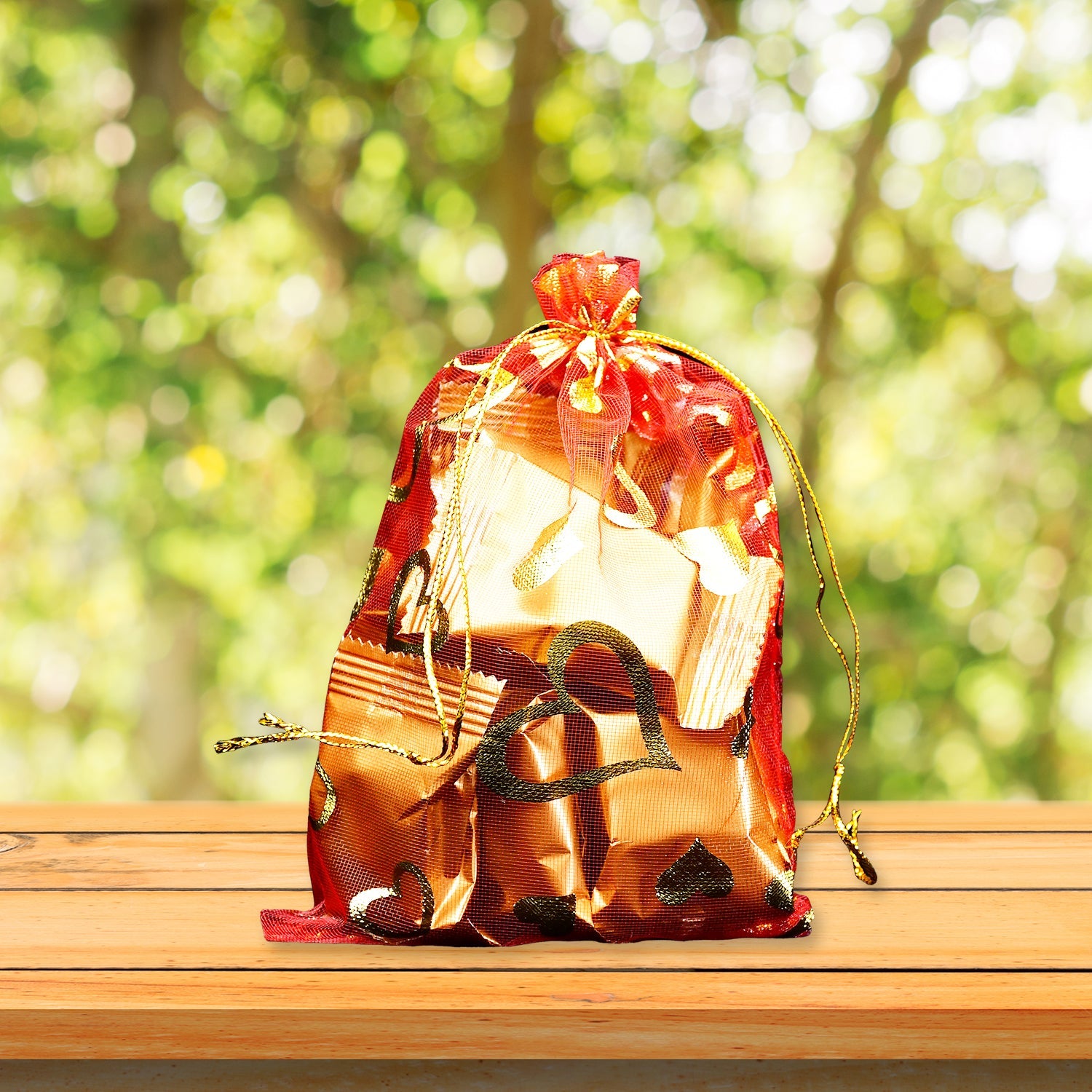Transparent net fabric Shagun Potli bag with drawstring, ideal for dry fruits.
