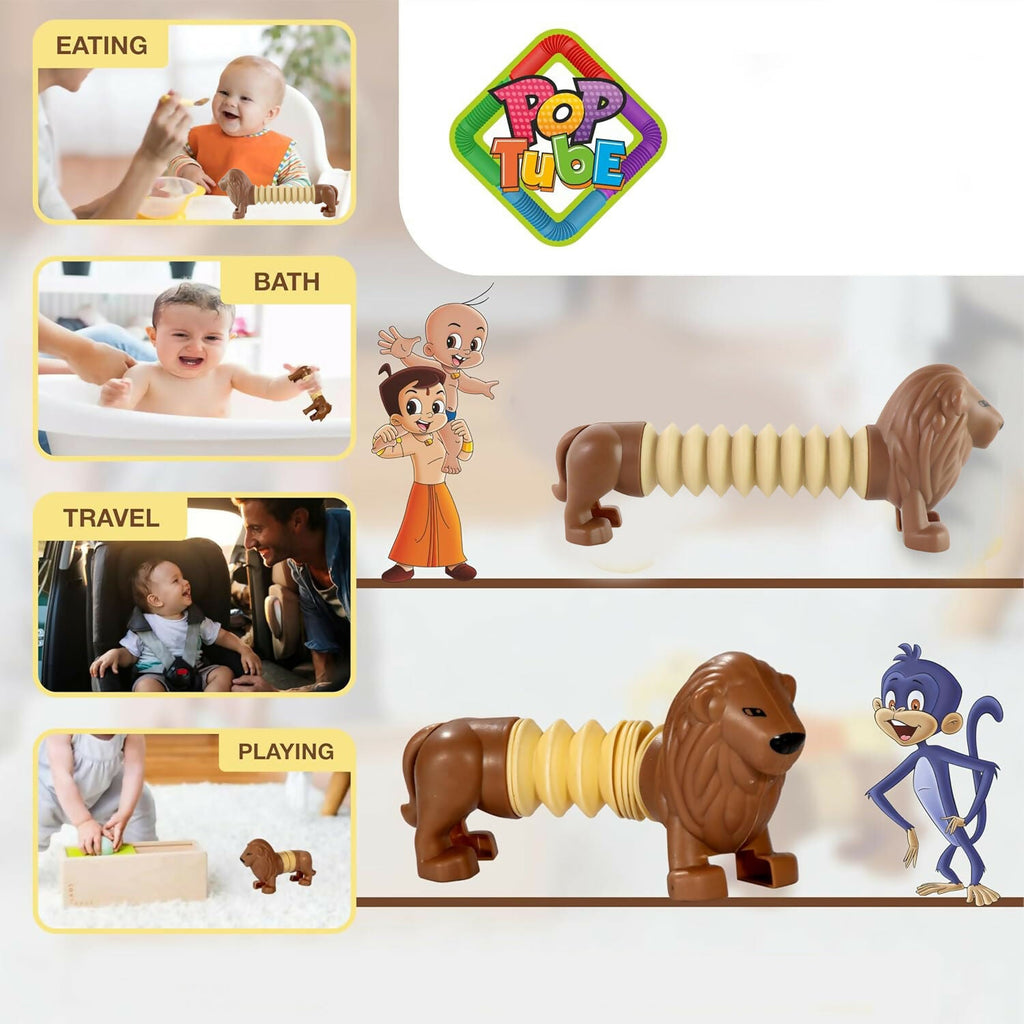 Fun lion slinky toy being stretched by a child’s hands