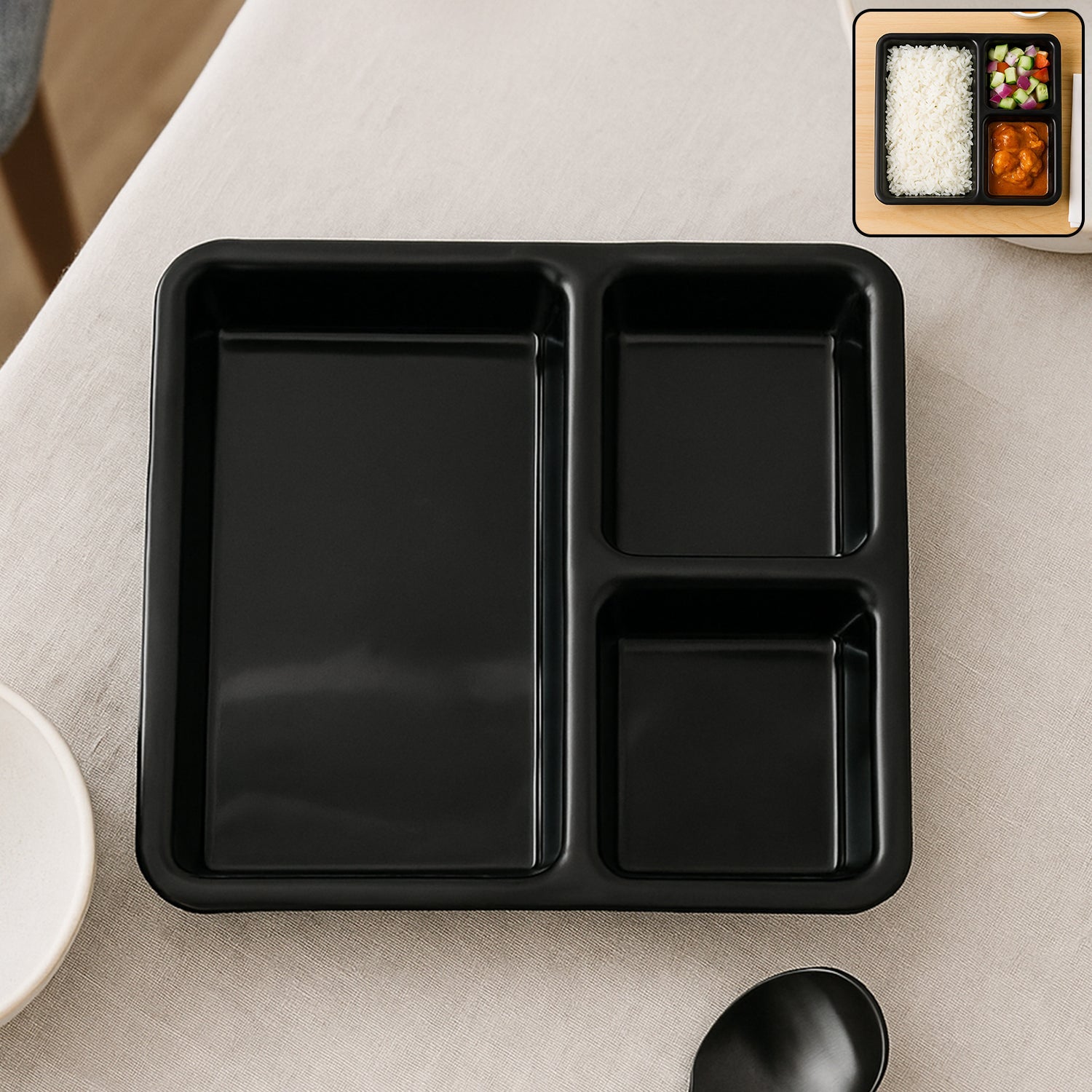 Durable plastic 3-section meal serving tray with spill-guard rim