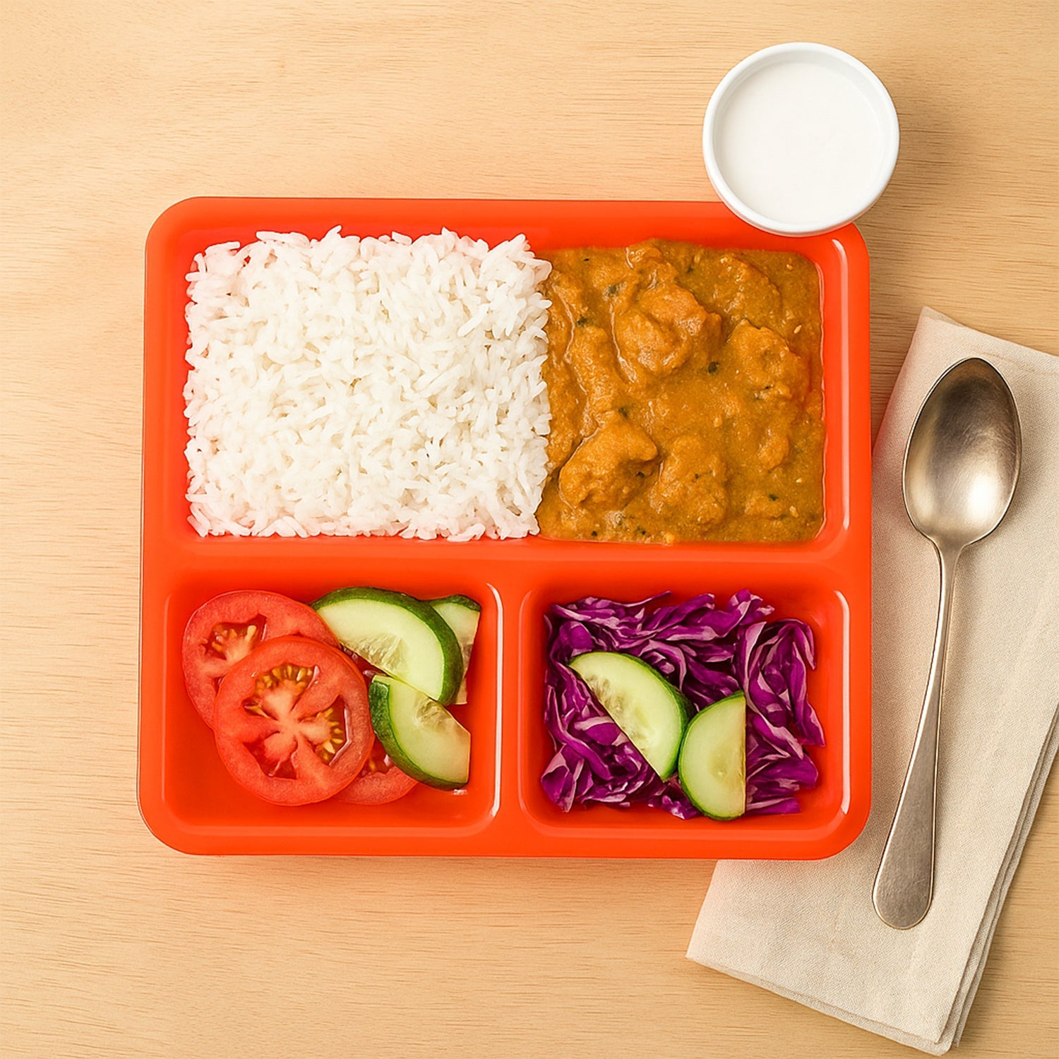 Close-up of the smooth, easy-to-clean surface of the 3-compartment tray.