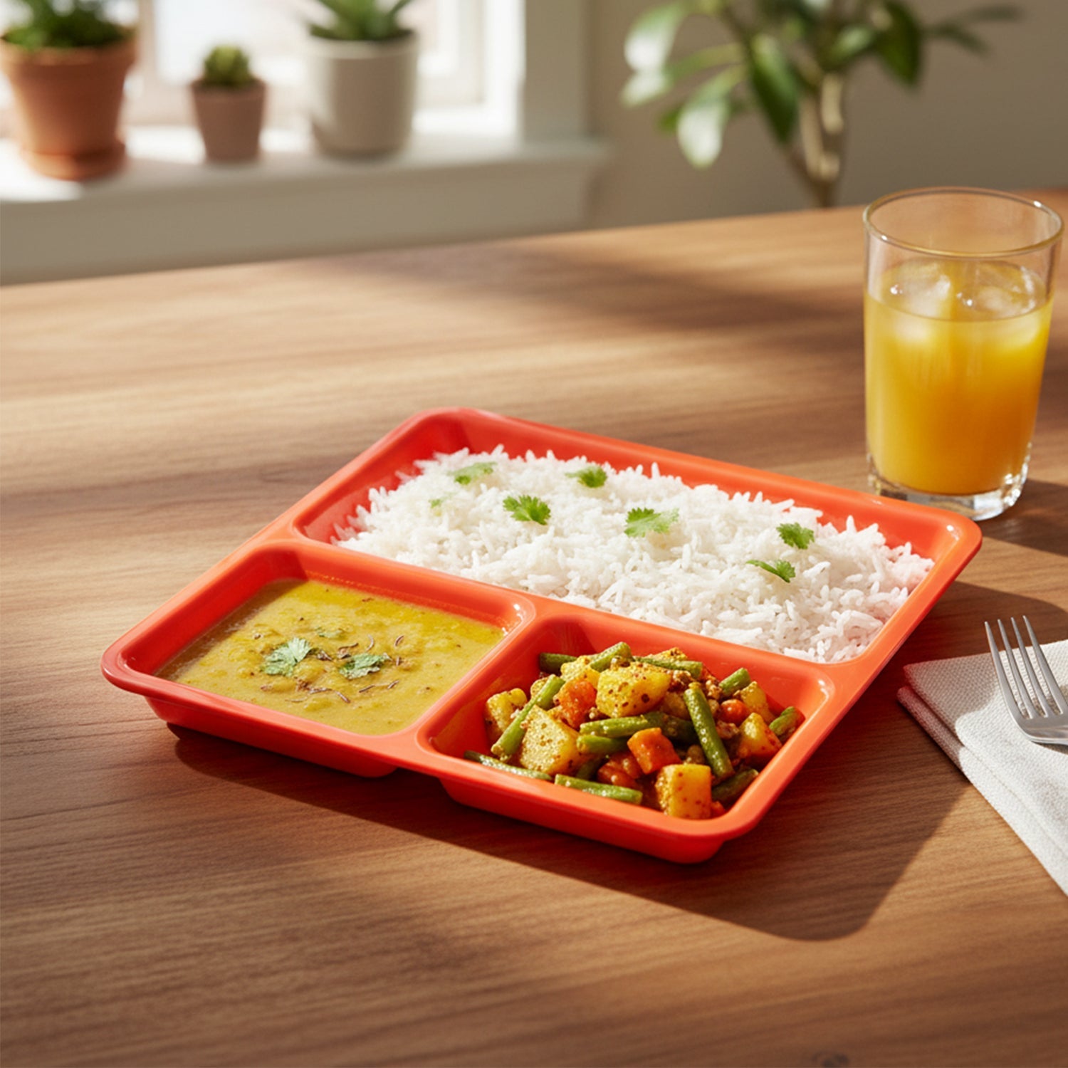 Three-section plastic serving tray with food items separated.