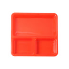 Stackable design of the plastic 3-compartment serving trays for easy storage.