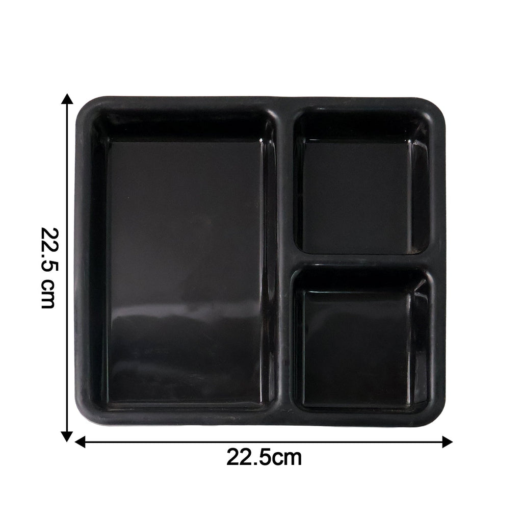 Durable plastic serving tray featuring raised rim to minimize spills