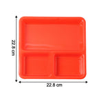 Durable plastic 3-compartment tray with a spill-guard rim.