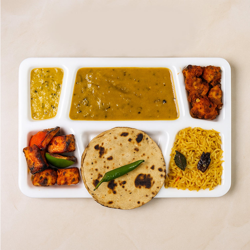 Food-safe plastic rectangular plate with three separate compartments