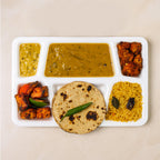 Food-safe plastic rectangular plate with three separate compartments