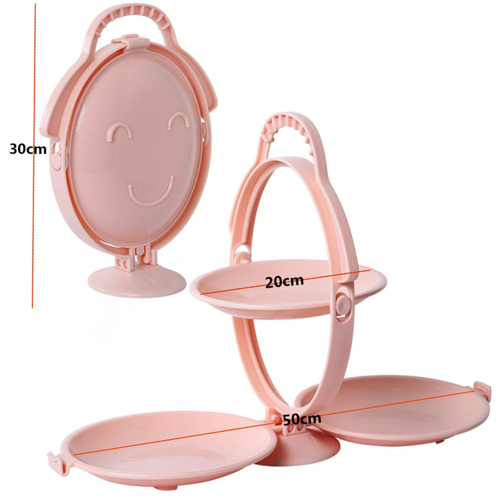 Side view of collapsible 3-tier dessert serving stand with handle