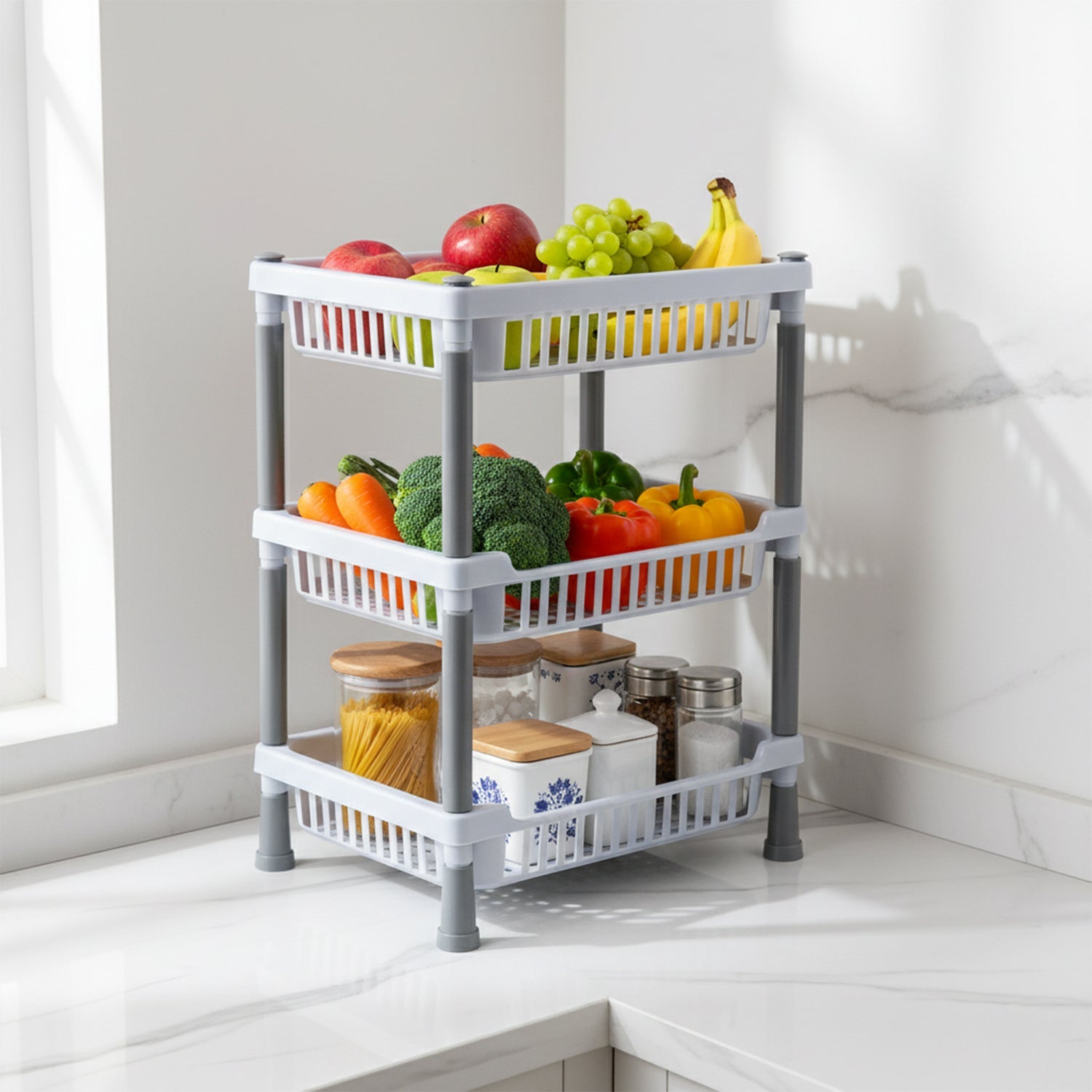 Ventilated storage basket rack designed for organized kitchen use