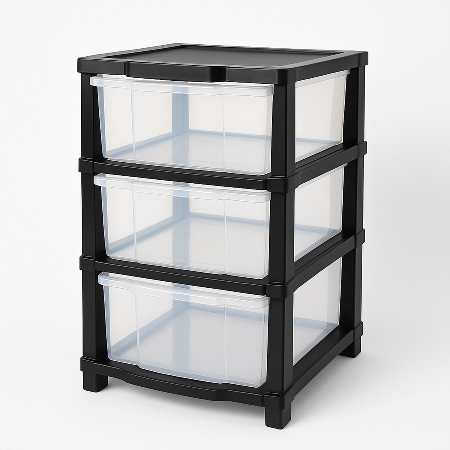 Free-standing transparent drawer organizer with flat top surface