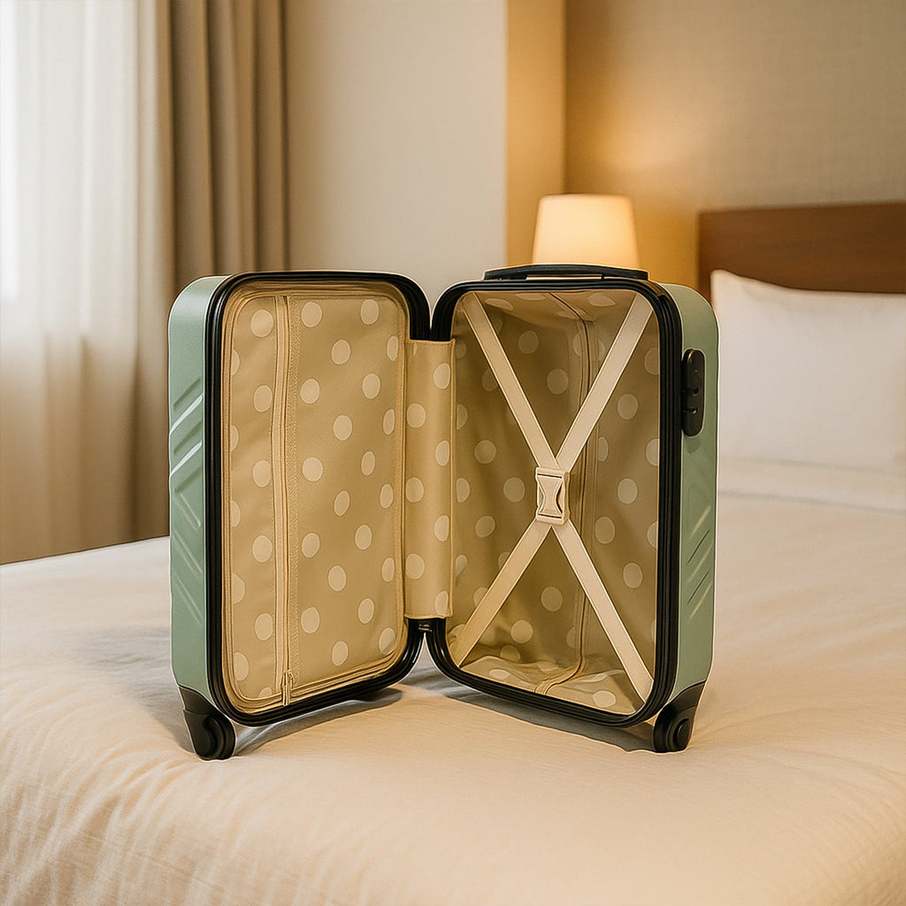 Three expandable hard-shell ABS suitcases with a scratch-resistant textured finish.