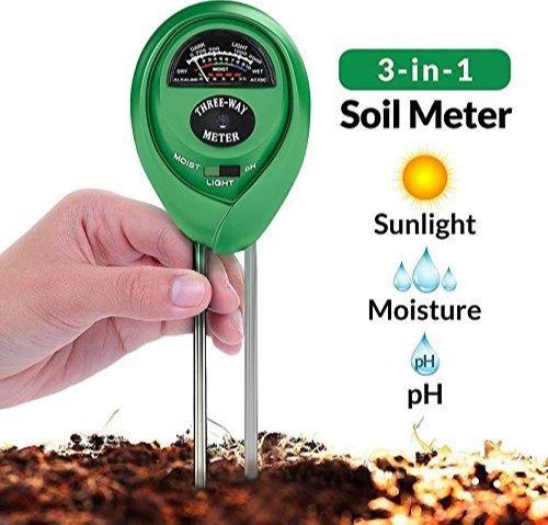Packaging of the 3-way soil meter, highlighting its moisture, pH, and light testing capabilities.