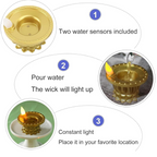 Hand placing a golden LED diya into water, showing the activation mechanism.