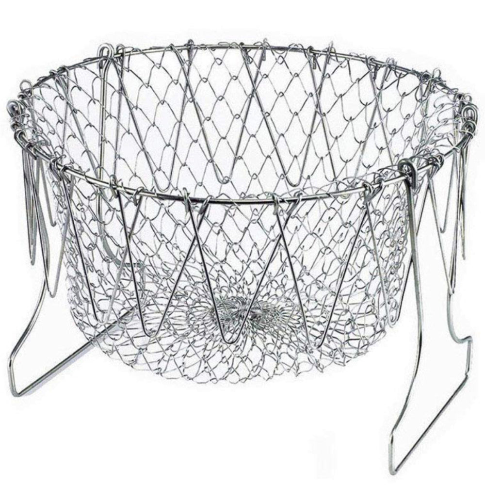 The sturdy stainless steel chef basket folded flat for convenient storage in a drawer.