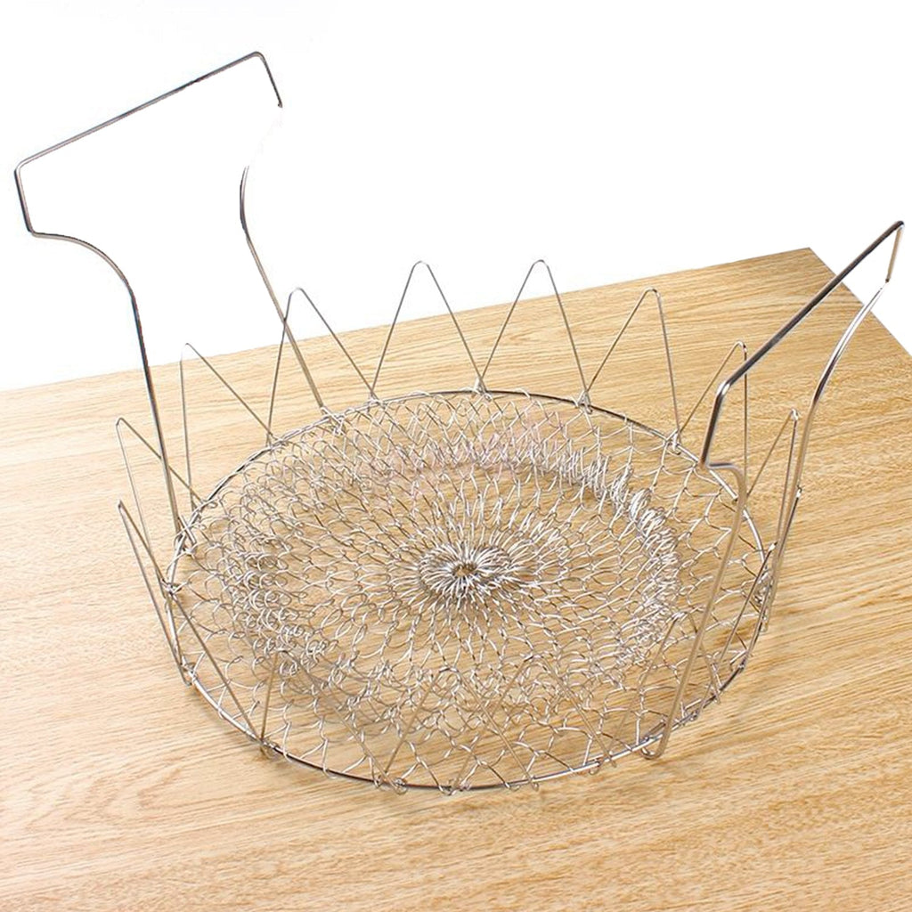 Collapsible strainer basket made of stainless steel, designed for compact, space-saving storage.