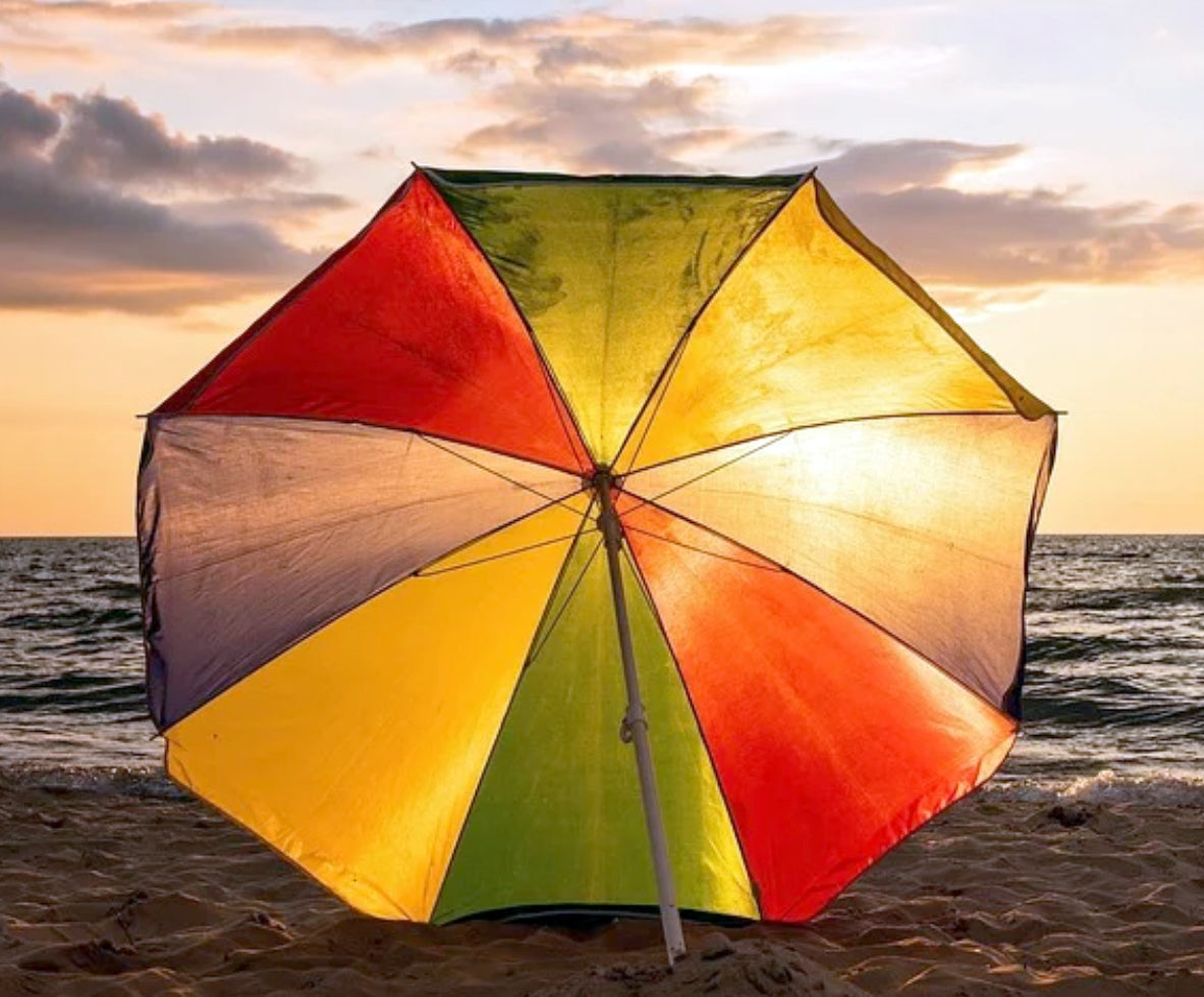 A blue and white sunshade umbrella deployed in a garden, showcasing its protective canopy.