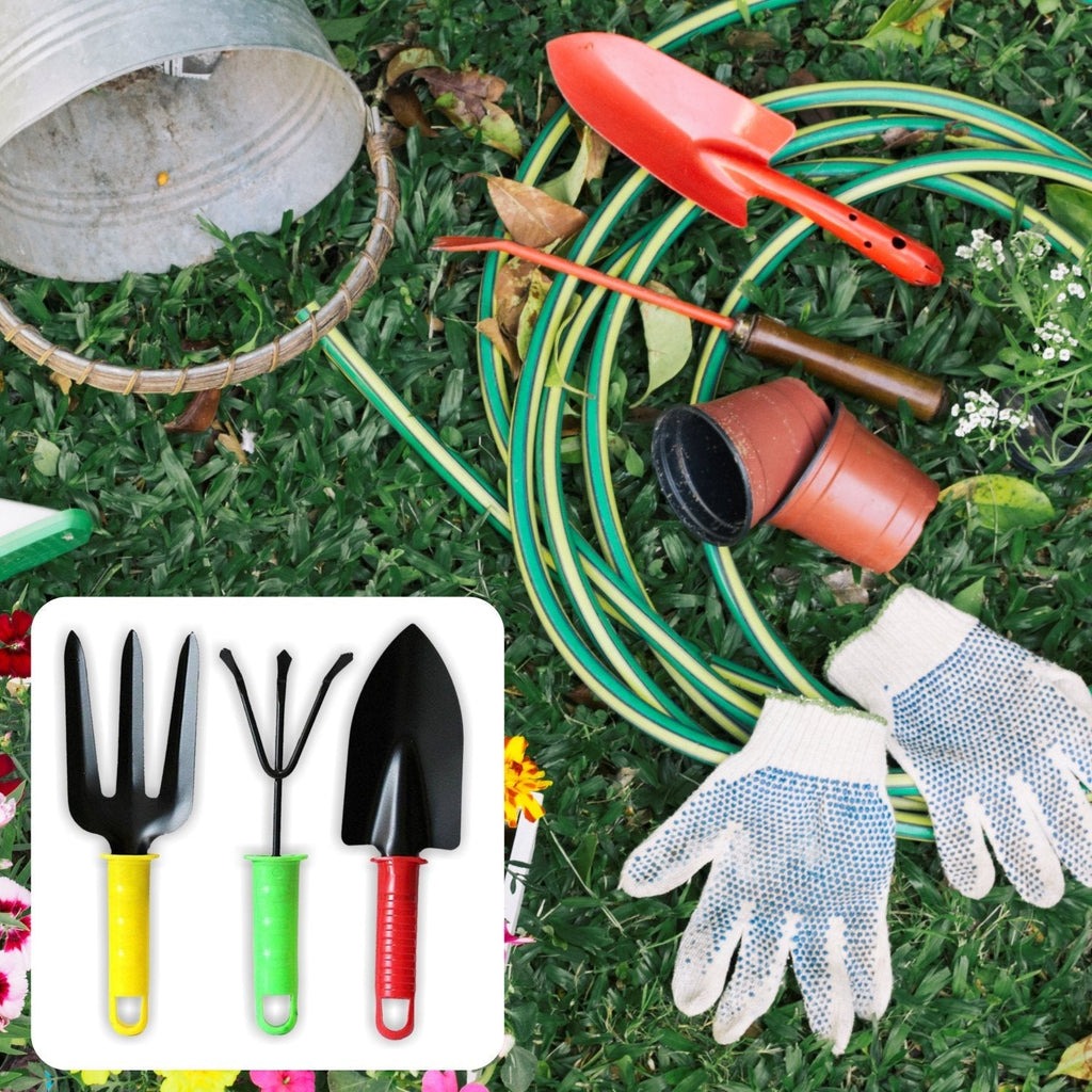 Vibrant garden tool kit featuring a hand cultivator for soil preparation.