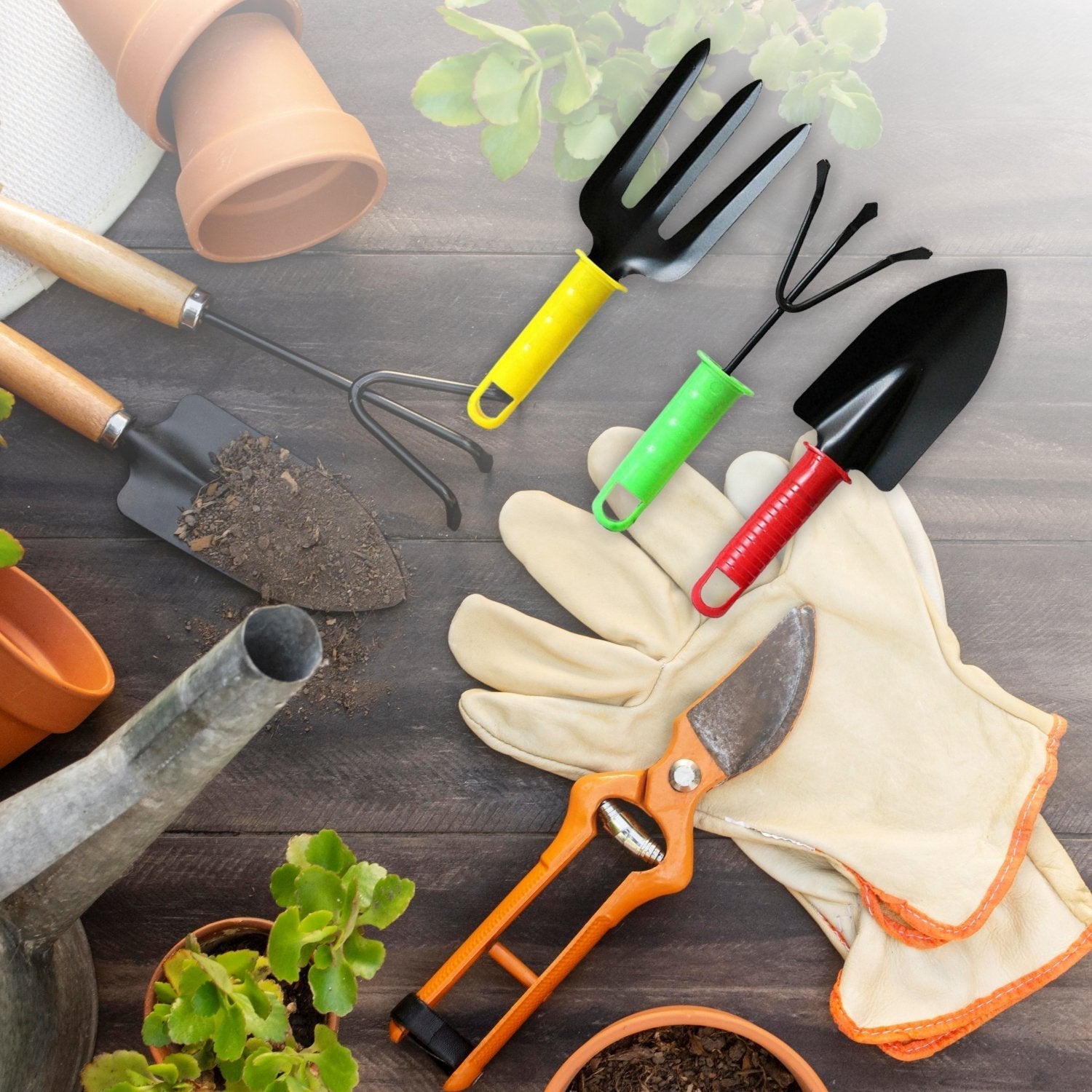 Close-up of the durable garden tool set in bright colors, ready for use.