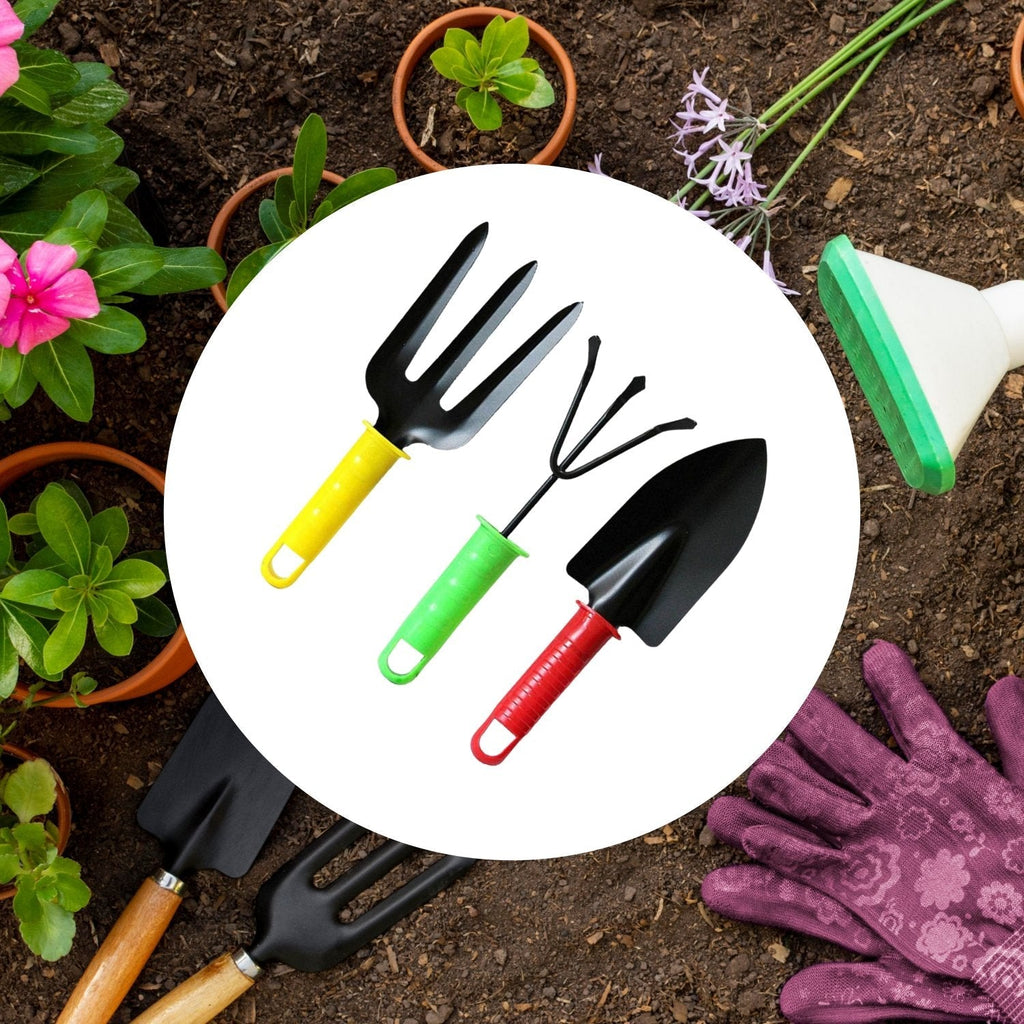 Colorful 3-piece garden tool set with trowel, cultivator, and fork.