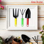 Assorted colorful gardening hand tools displayed together for scale.