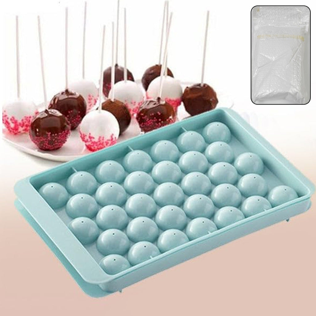  plastic ice ball mold in blue, ready to create 33 perfect spherical ice cubes.