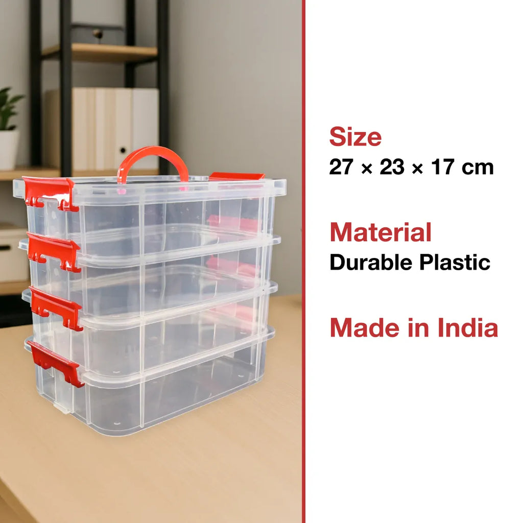 Side view of multipurpose 4-layer plastic storage box with red locking clips