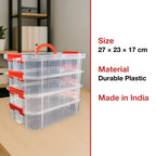 Side view of multipurpose 4-layer plastic storage box with red locking clips