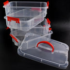 Closed view of 4-layer transparent plastic storage box for organizing small essentials