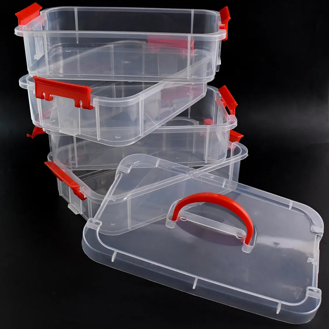 Closed view of 4-layer transparent plastic storage box for organizing small essentials
