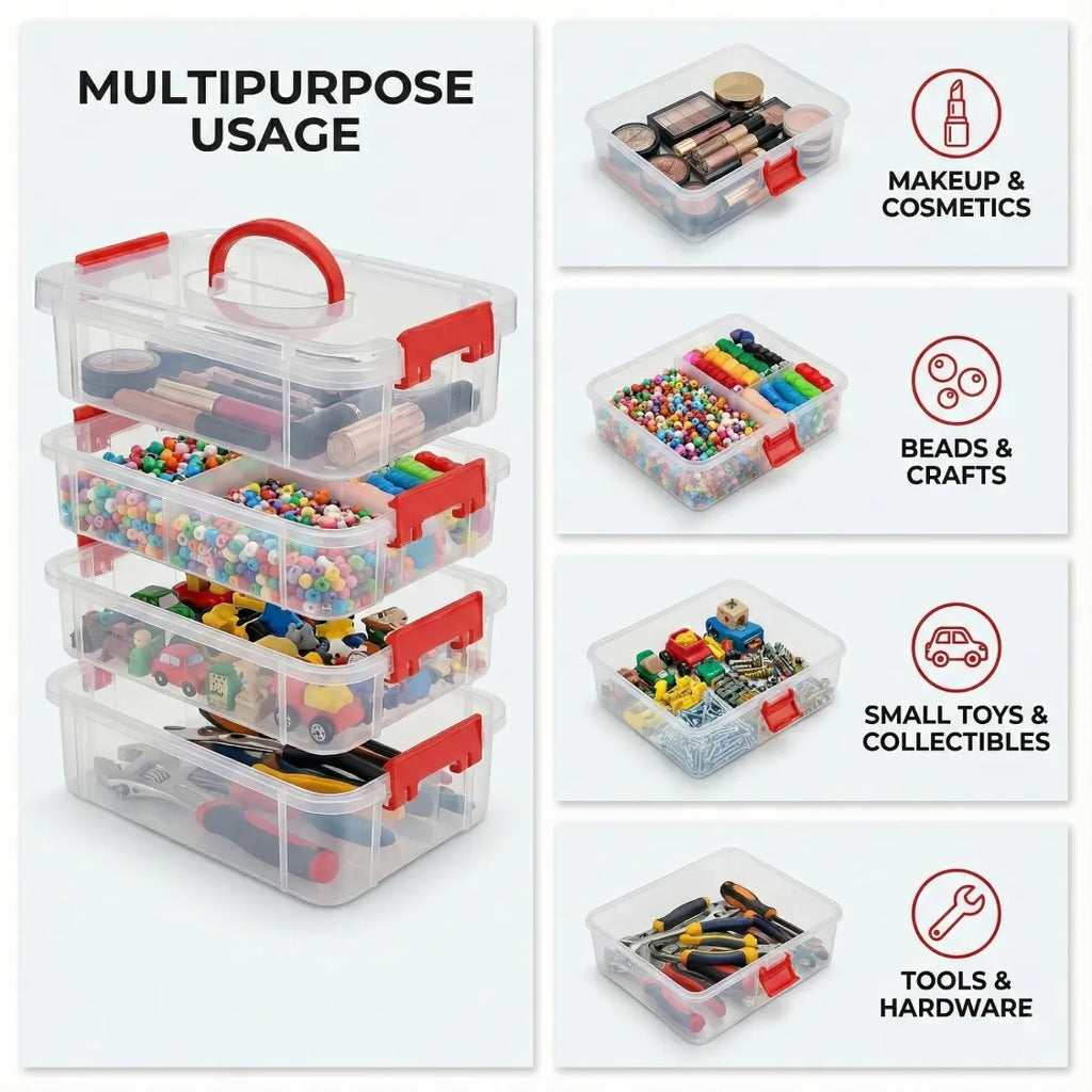 Open 4-layer transparent storage box showing multiple compartments for small items