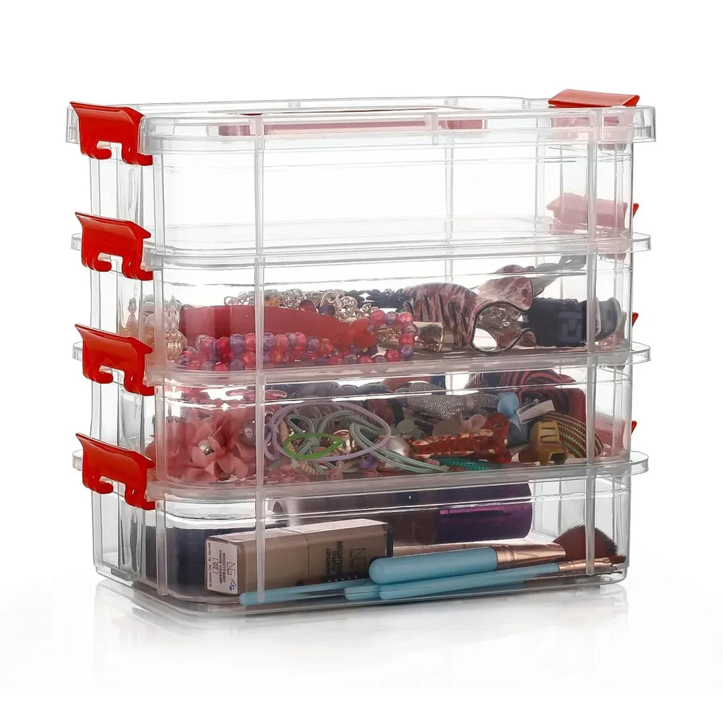 Modular 4-layer plastic organizer container with handle for easy portability