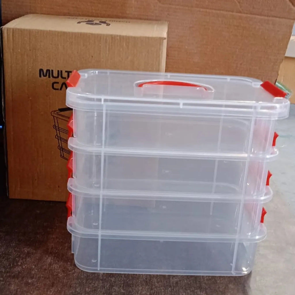 Top view of modular plastic storage box with 4 layers and locking clips