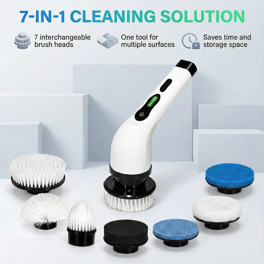 Electric spin scrubber brush showing LED battery display during cleaning