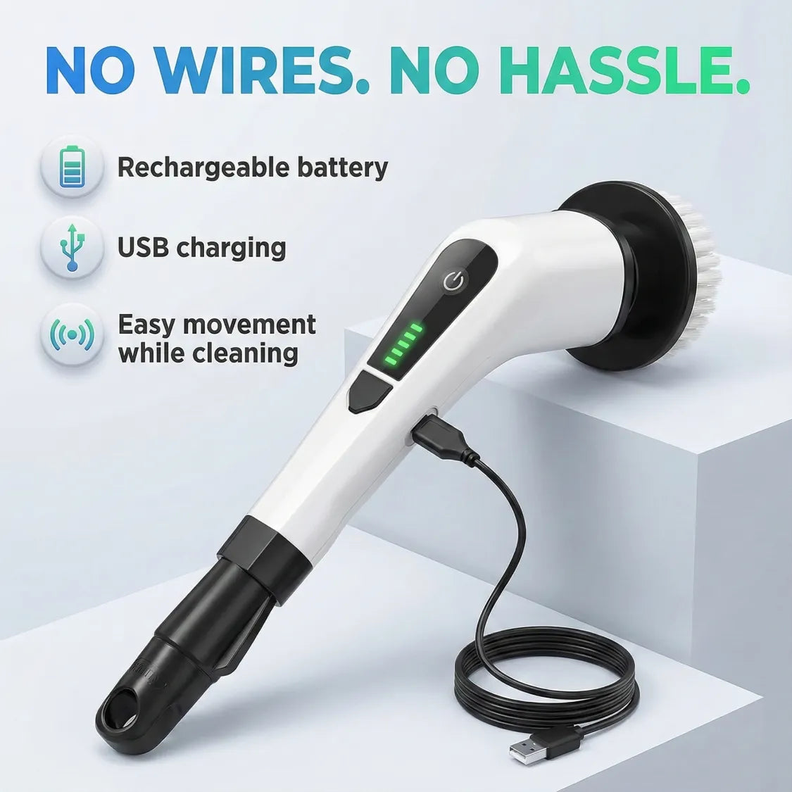 Side view of 7-in-1 electric spin scrubber brush with ergonomic handle