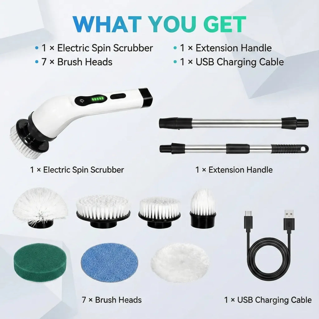 Electric spin scrubber brush cleaning bathroom tile surfaces effortlessly