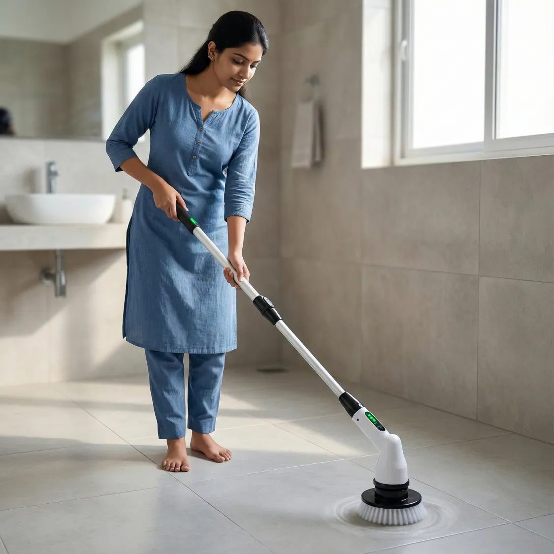 Multi-surface electric scrubber brush with 7 interchangeable heads for versatile cleaning