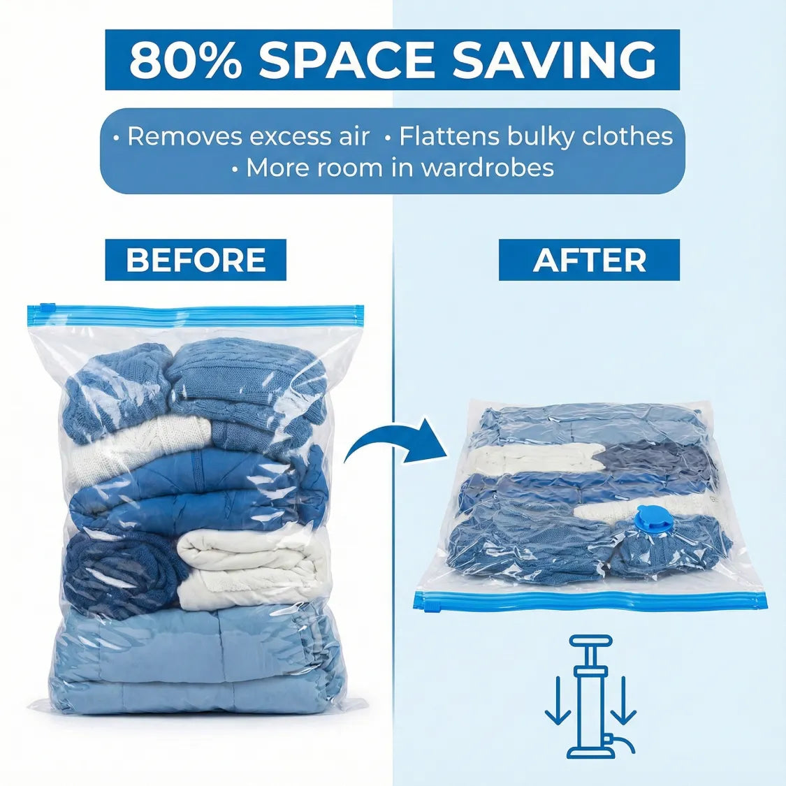 Vacuum storage bags with suction pump and shirt clips laid out showing 5 pcs set