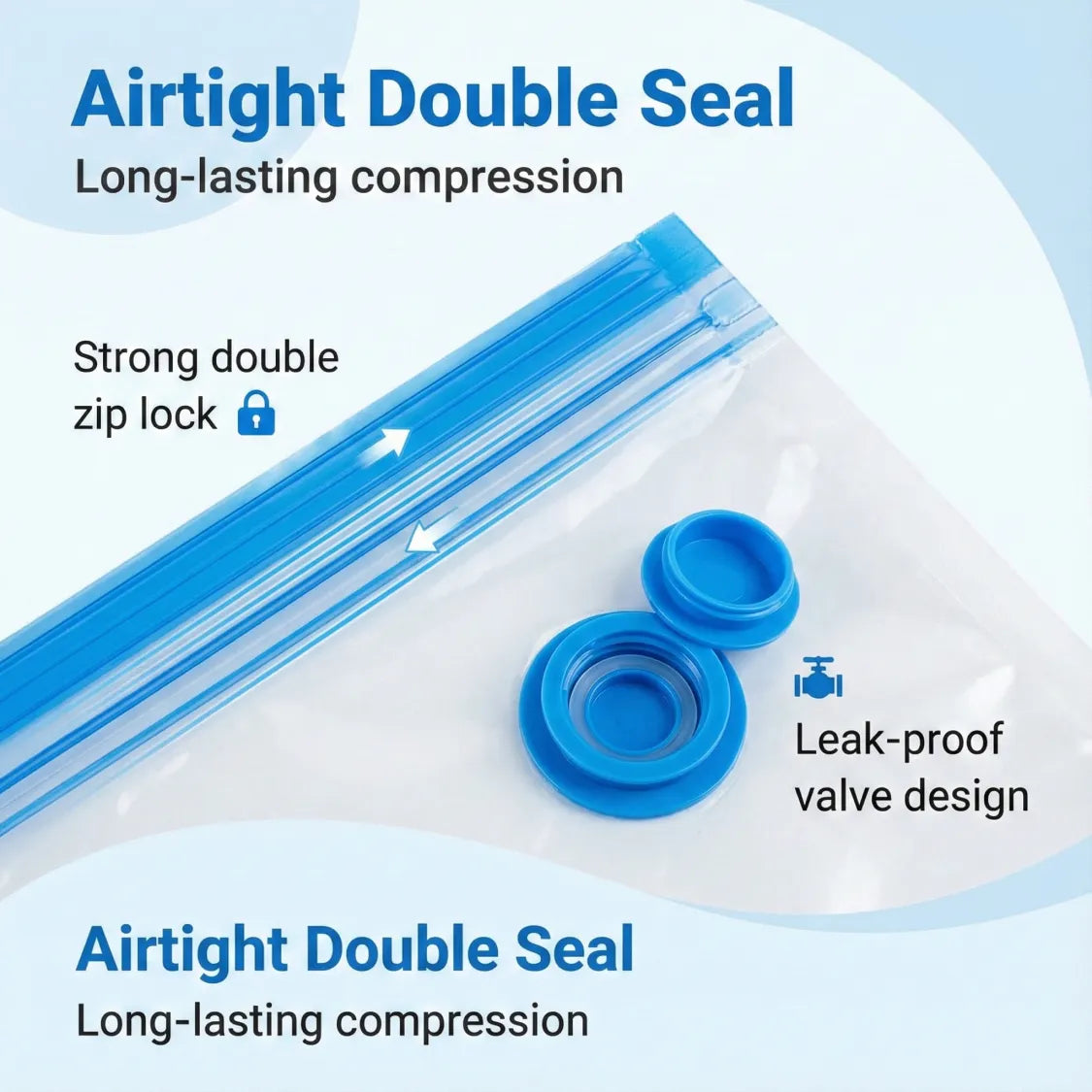 Angled view of vacuum storage compression bags showing thickness and sealing