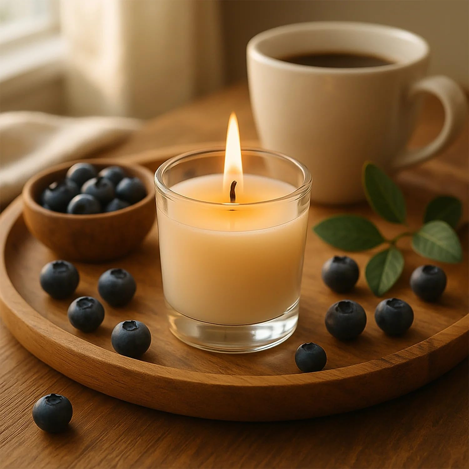 Blueberry Scented Candle in a clear glass votive, lit and glowing warmly.