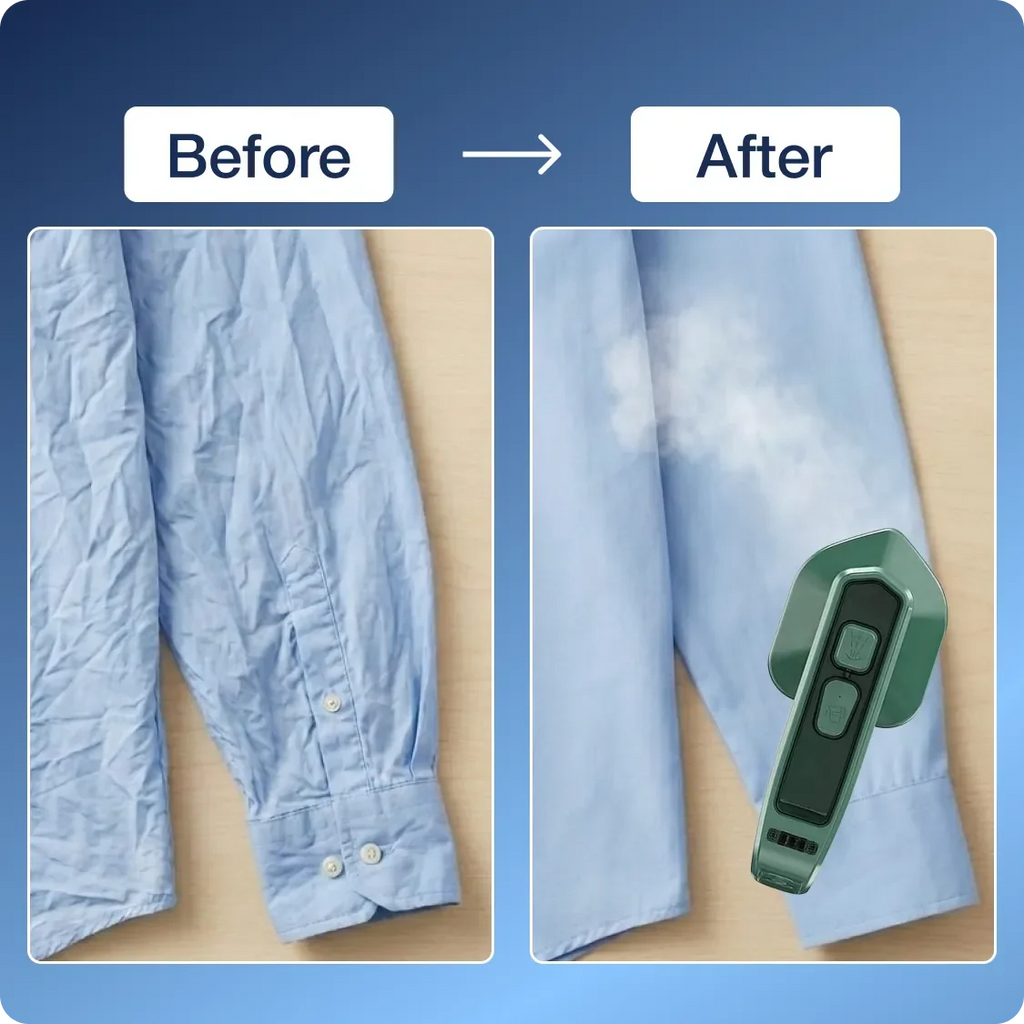 Comparison shot of the mini steam iron with other items, showing its compact size.