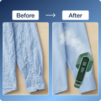 Comparison shot of the mini steam iron with other items, showing its compact size.