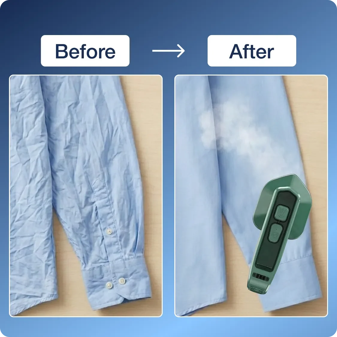Comparison shot of the mini steam iron with other items, showing its compact size.